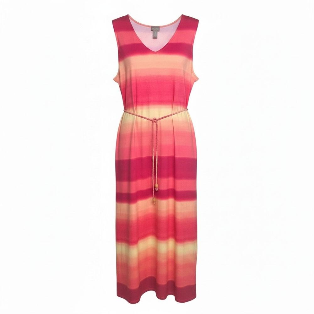Chico's Women's Size 3-XL Maxi Dress Sleeveless Braided Belt Pink Yellow Stripe